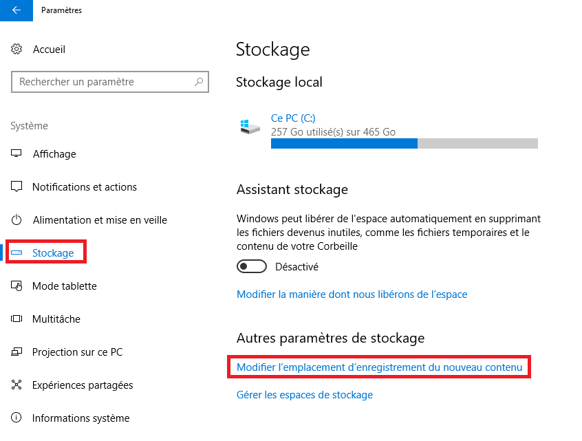 Modifier les emplacements d'enregistrement dans Windows 10